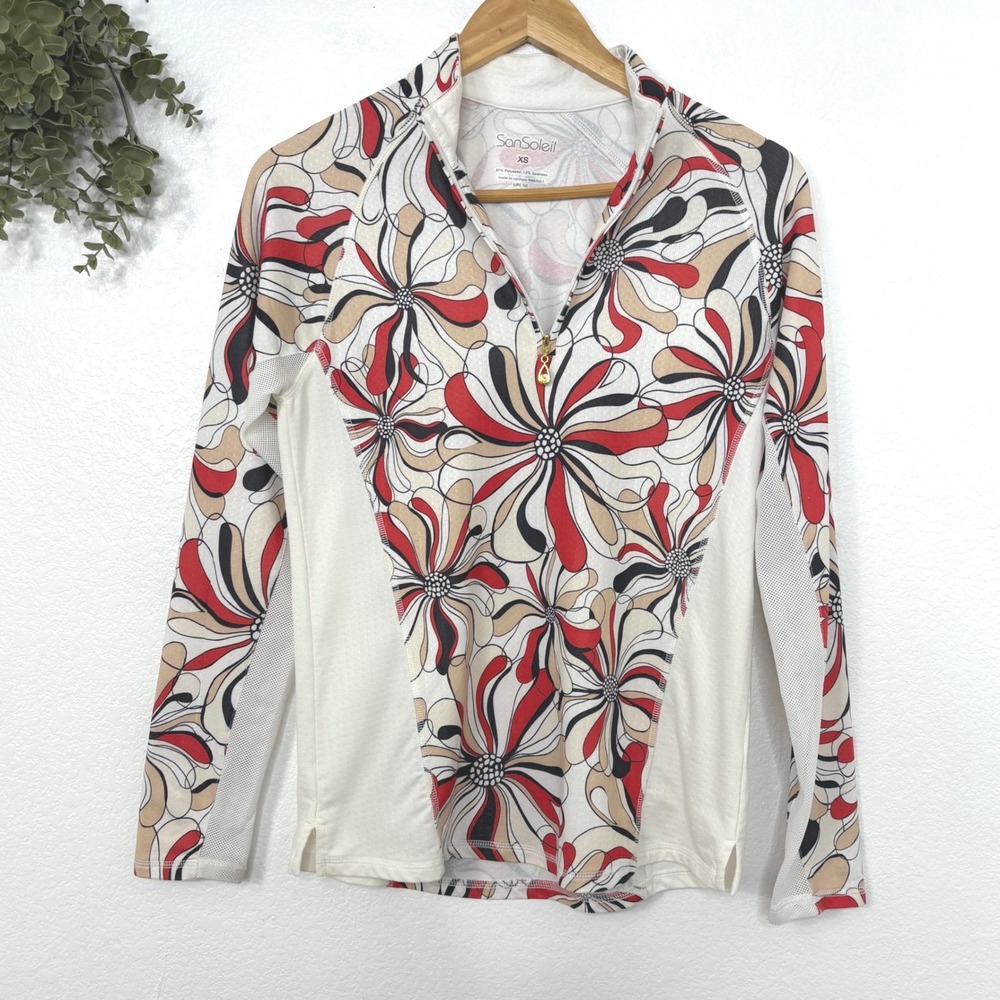 San Soleil‎ Women's XS Floral Print Long Sleeve Golf Tennis Polo Shirt UPF 50